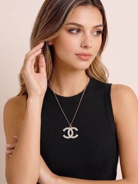 Vintage CC Logo Rhinestone Pendant on 23 inch Chain Necklace